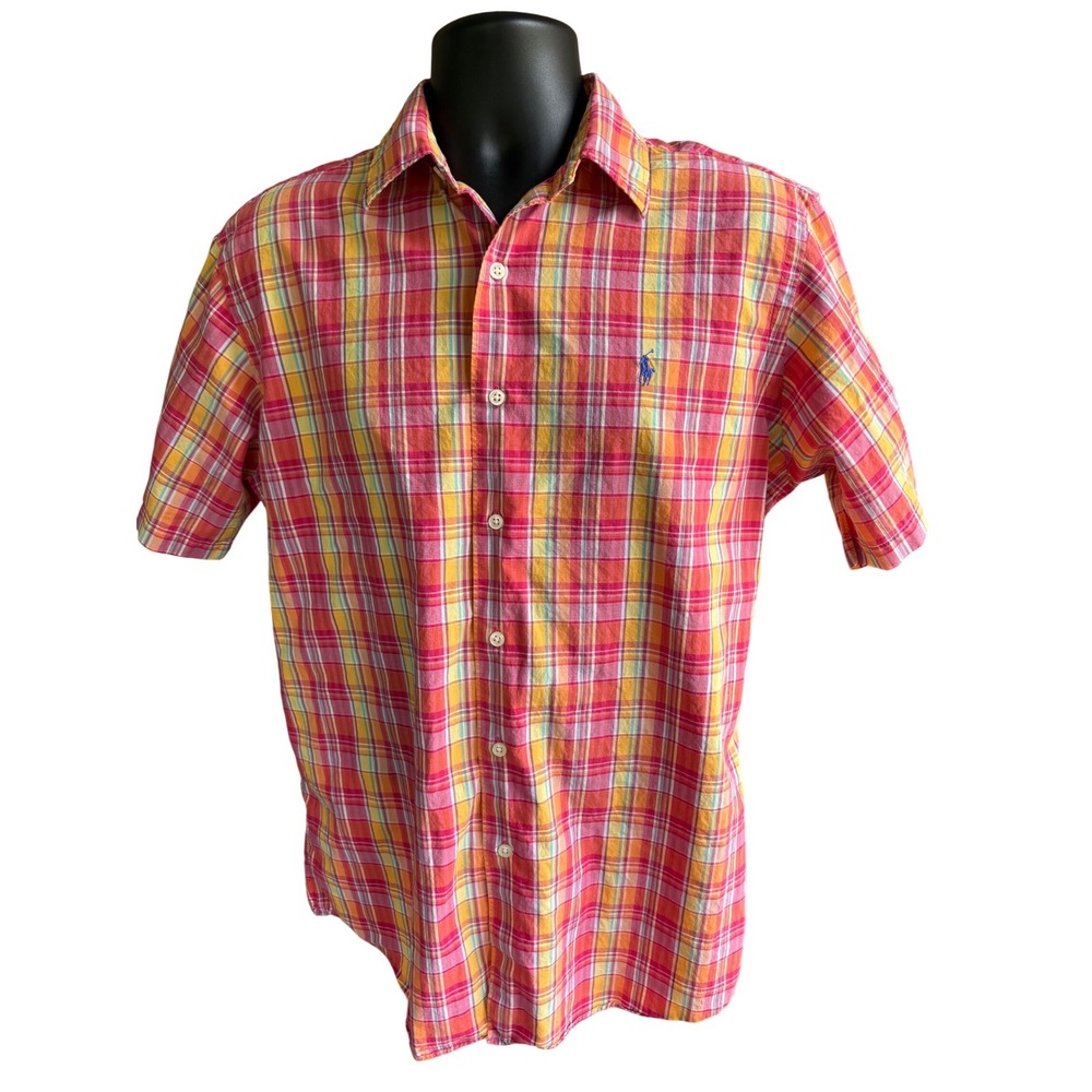 Polo Ralph Lauren Marlowe Mens Medium Pink Orange Plaid SS Cotton Shirt